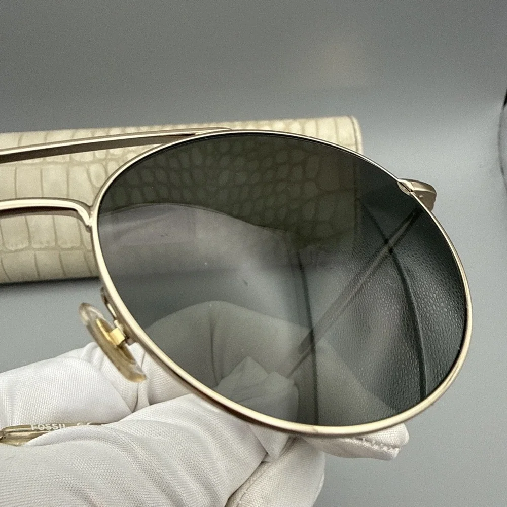 Fossil Authentic Sunglasses Gold Round Frames w/Green Polarized Lens with Case